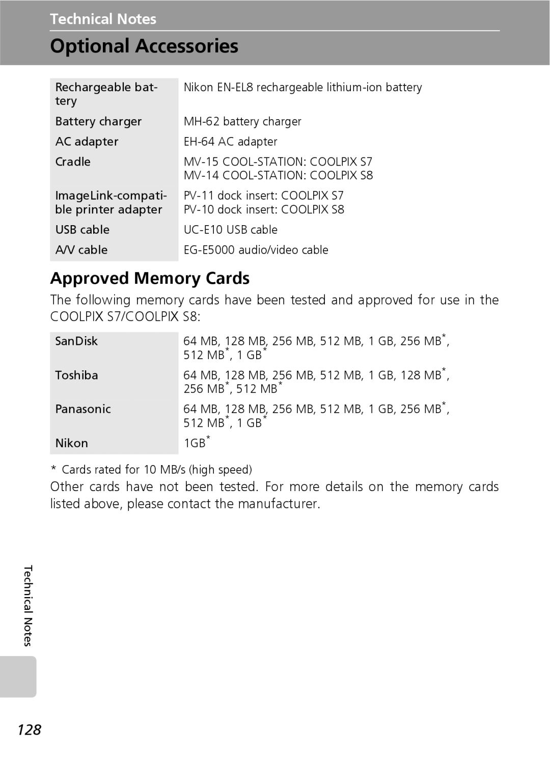 Nikon S7 manual Optional Accessories, Approved Memory Cards, 128 