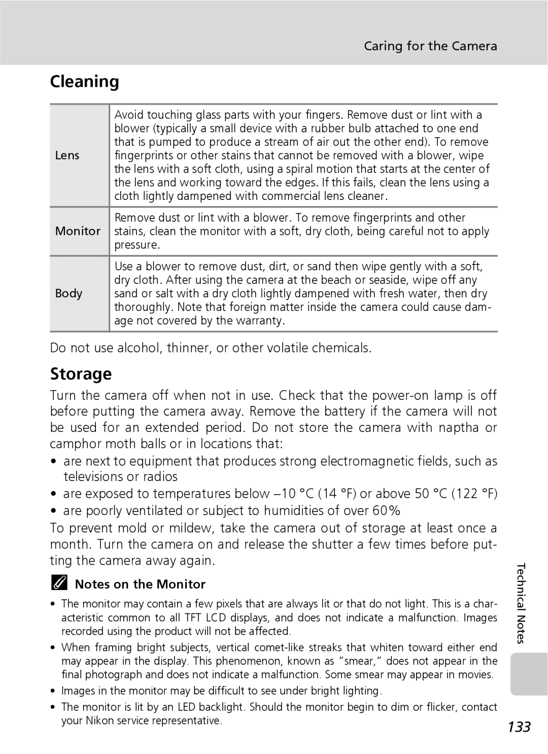 Nikon S7 manual Cleaning, Storage, 133, Do not use alcohol, thinner, or other volatile chemicals 