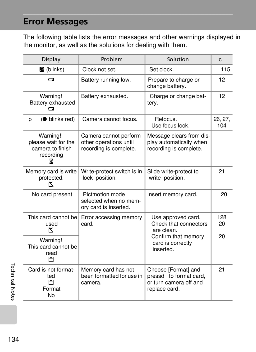 Nikon S7 manual Error Messages, 134 