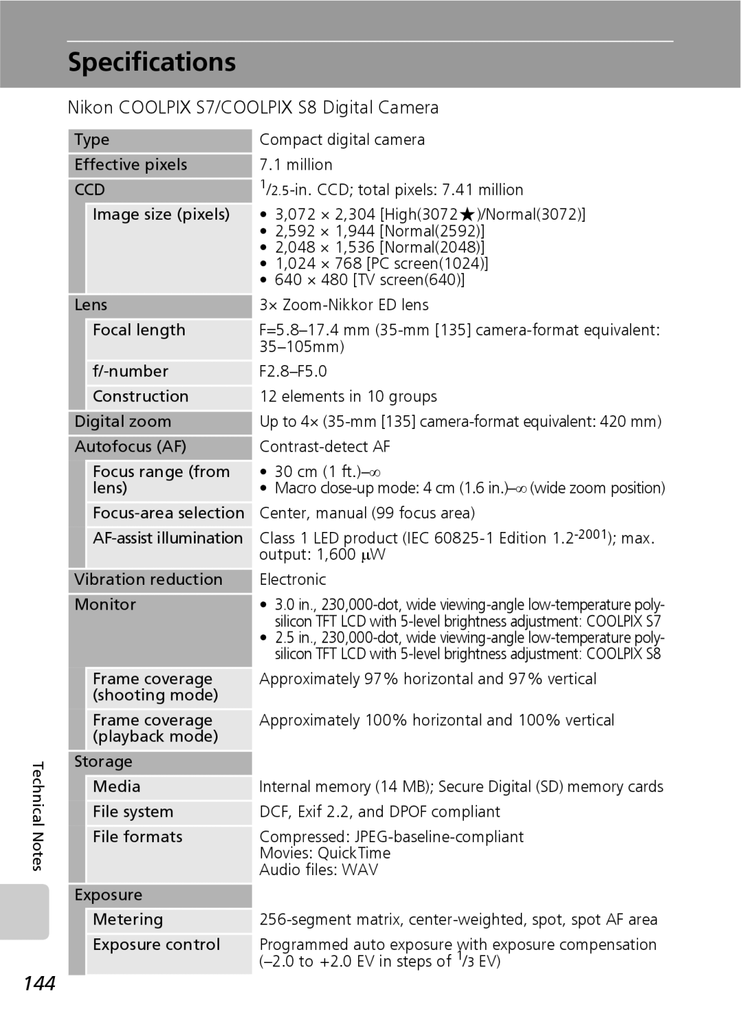 Nikon manual Specifications, 144, Nikon Coolpix S7/COOLPIX S8 Digital Camera 