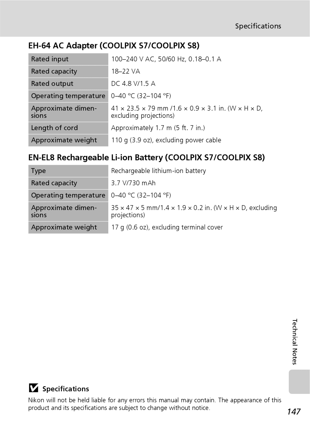 Nikon manual EH-64 AC Adapter Coolpix S7/COOLPIX S8, EN-EL8 Rechargeable Li-ion Battery Coolpix S7/COOLPIX S8, 147 