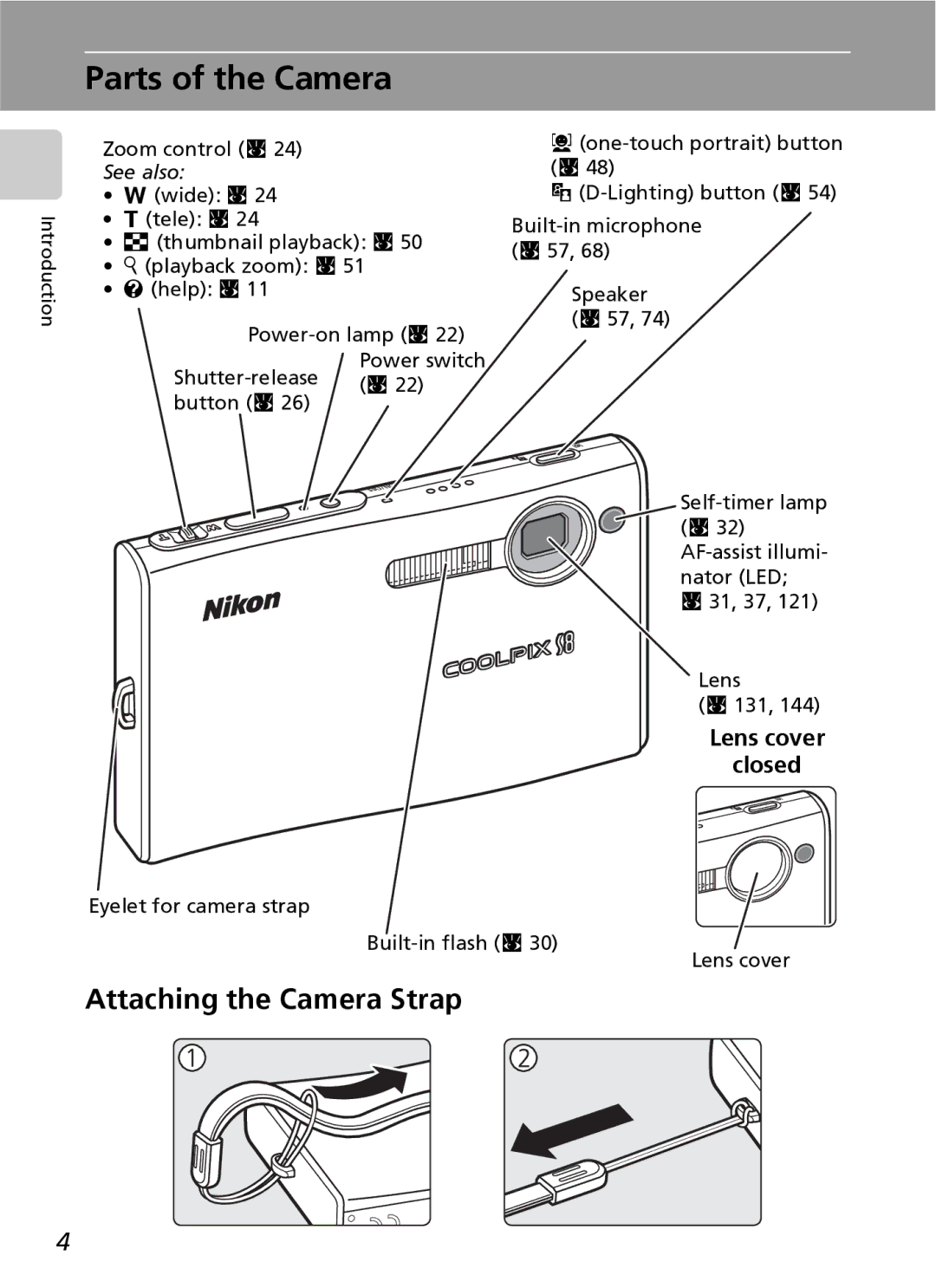 Nikon S7 manual Parts of the Camera, Attaching the Camera Strap, Lens cover Closed 