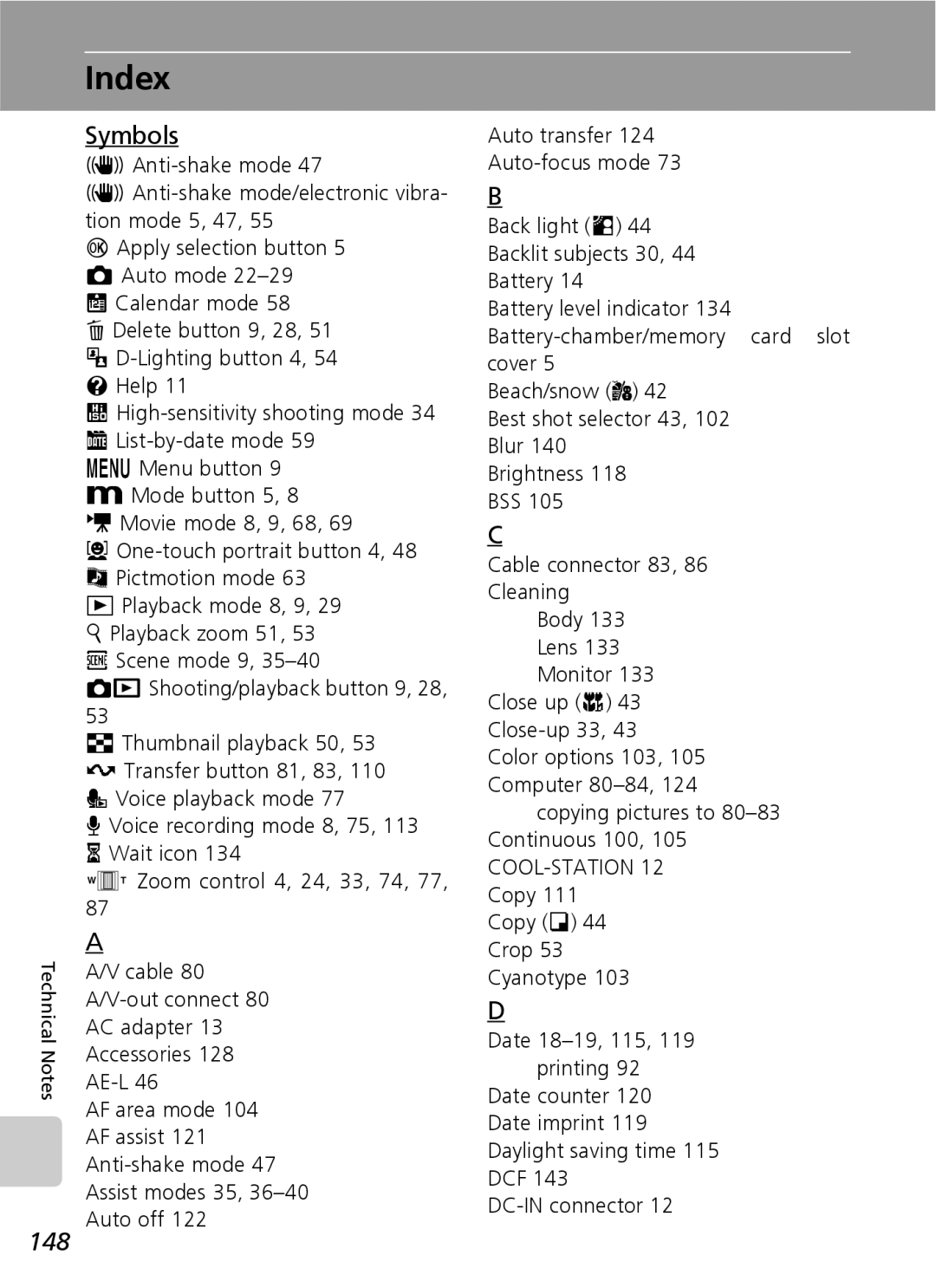 Nikon S7 manual Index, Symbols, 148 