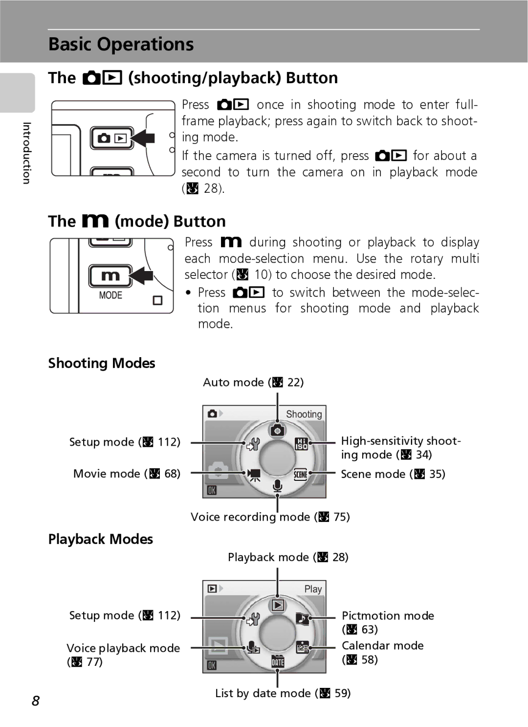 Nikon S7 manual Basic Operations, O shooting/playback Button, D mode Button, Shooting Modes, Playback Modes 