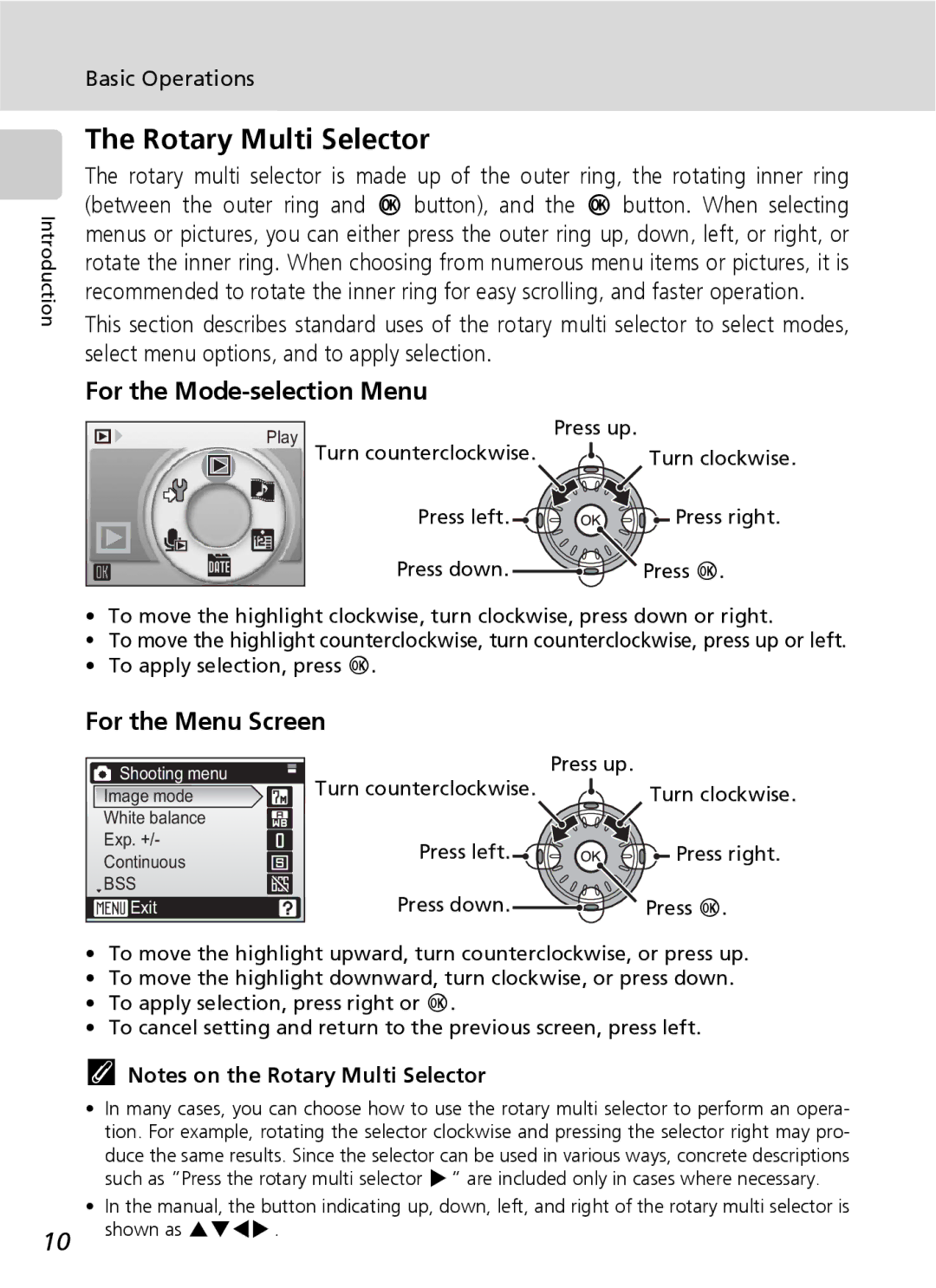 Nikon S7 manual Rotary Multi Selector, For the Mode-selection Menu, For the Menu Screen 