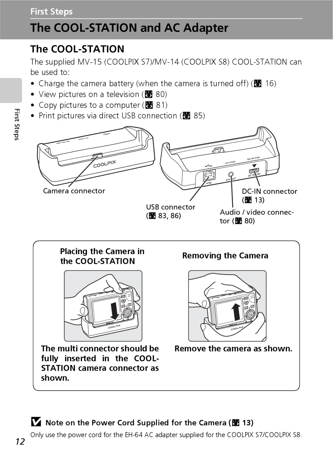 Nikon S7 manual COOL-STATION and AC Adapter, Cool-Station 