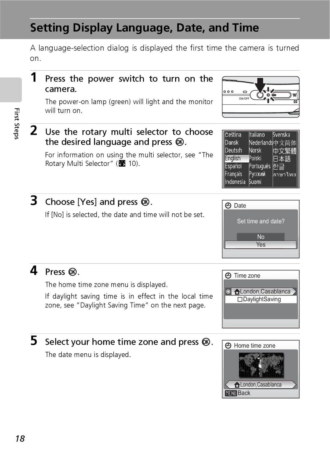 Nikon S7 Setting Display Language, Date, and Time, Press the power switch to turn on the camera, Choose Yes and press d 