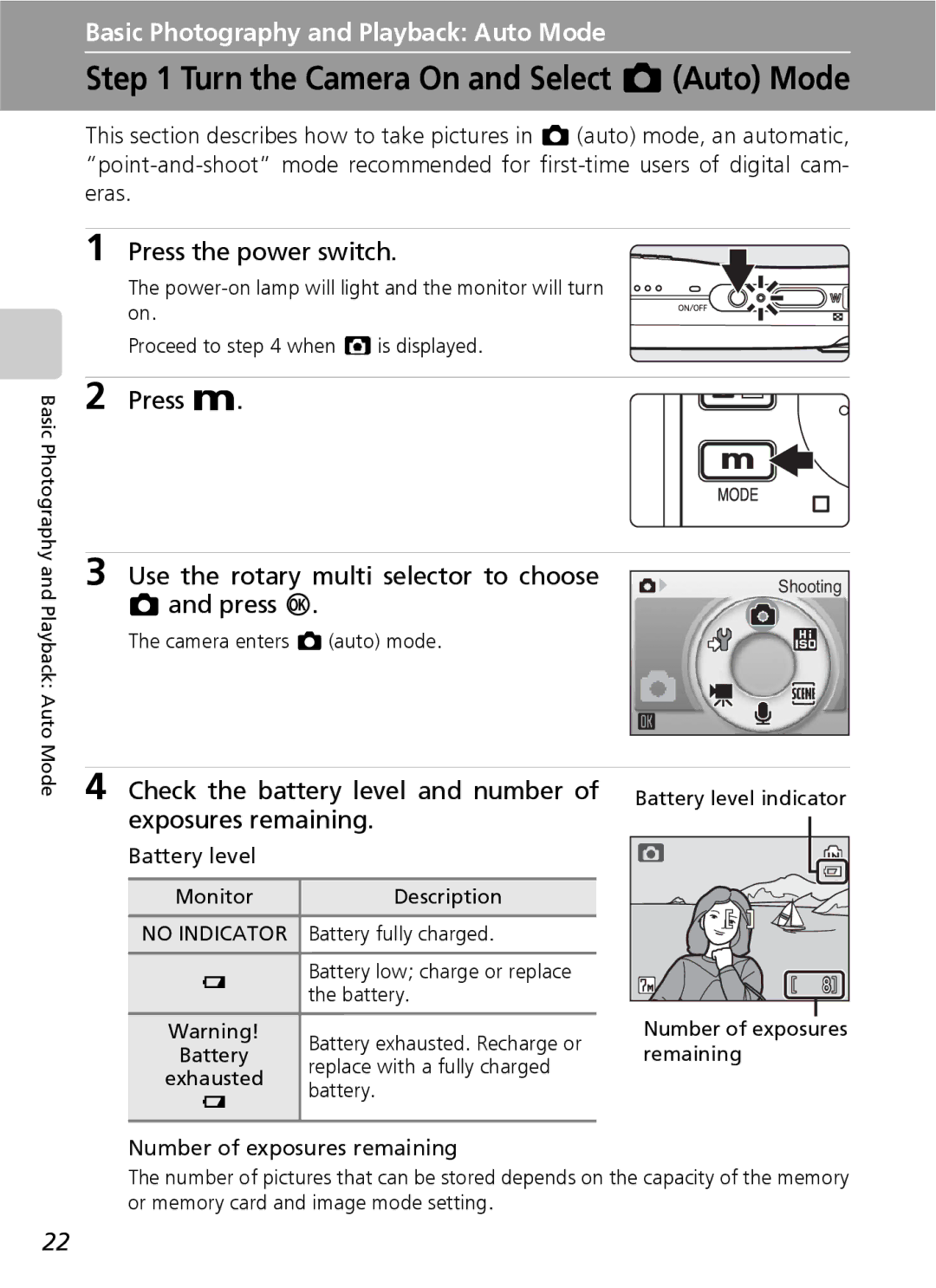 Nikon S7 manual Turn the Camera On and Select L Auto Mode, Press the power switch, Check the battery level and number 