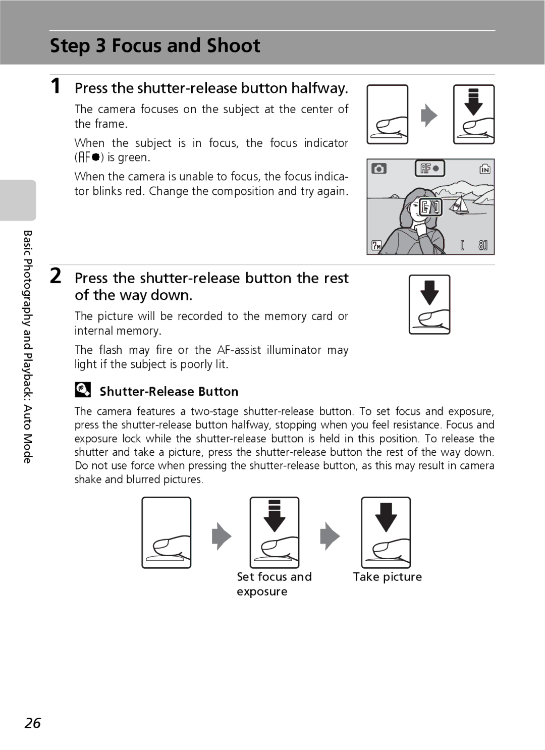 Nikon S7 manual Focus and Shoot, Press the shutter-release button halfway, Shutter-Release Button 