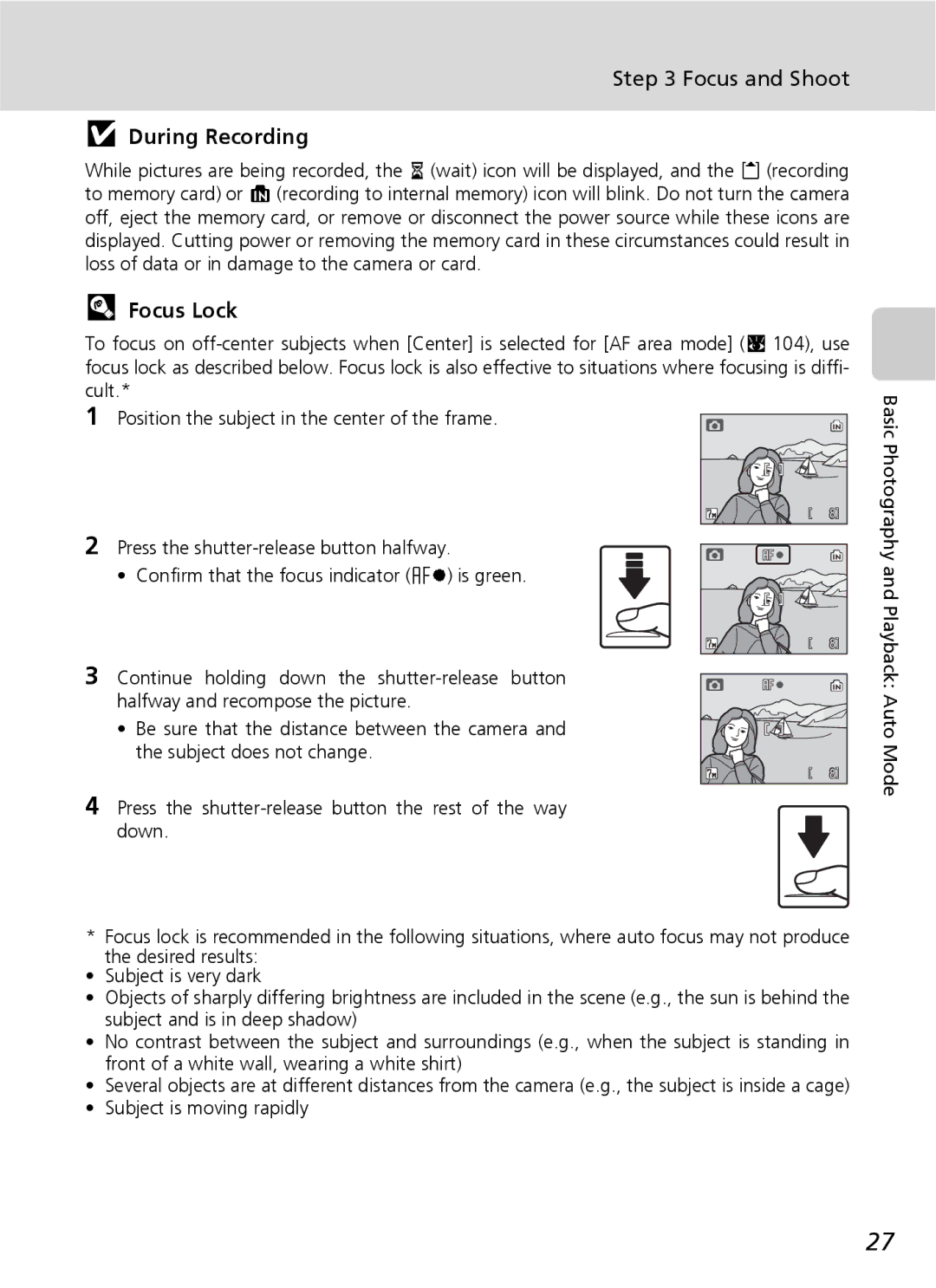 Nikon S7 manual Focus and Shoot, During Recording, Focus Lock 