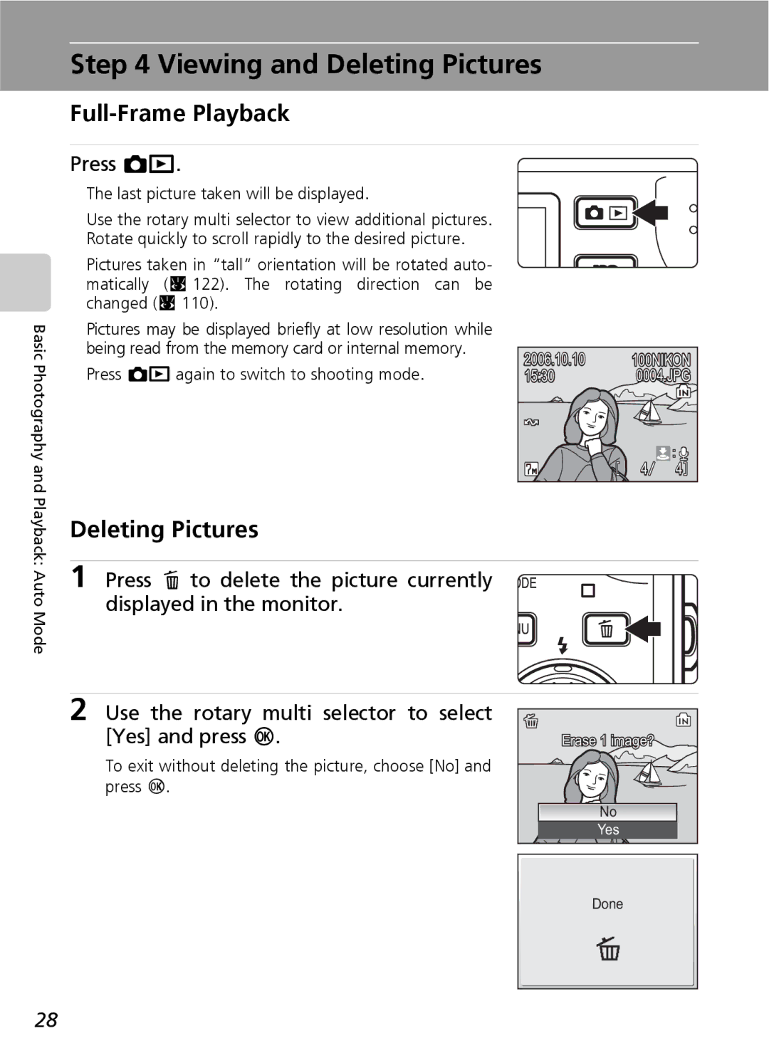 Nikon S7 manual Viewing and Deleting Pictures, Full-Frame Playback, Press o 