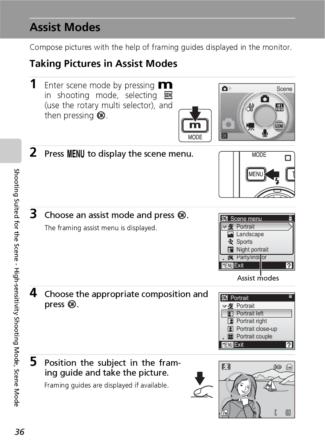 Nikon S7 manual Taking Pictures in Assist Modes, Enter scene mode by pressing D 