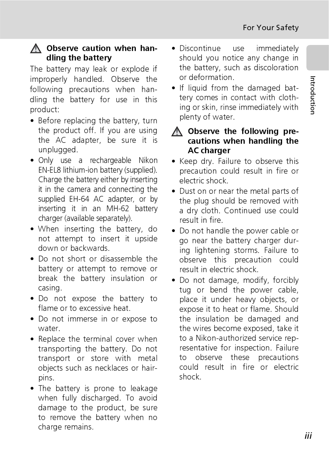 Nikon S7 manual Iii, For Your Safety, Observe caution when han- dling the battery 