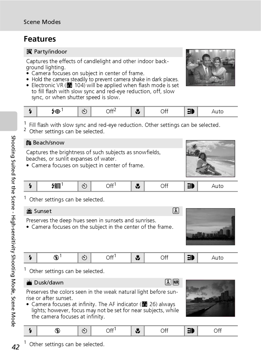 Nikon S7 manual Features, Scene Modes, Off1 Auto Other settings can be selected 