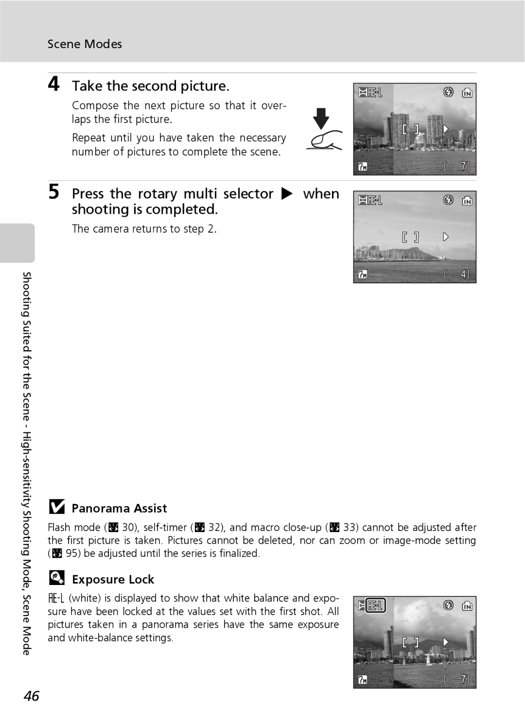 Nikon S7 manual Take the second picture, Panorama Assist, Exposure Lock, Camera returns to step 