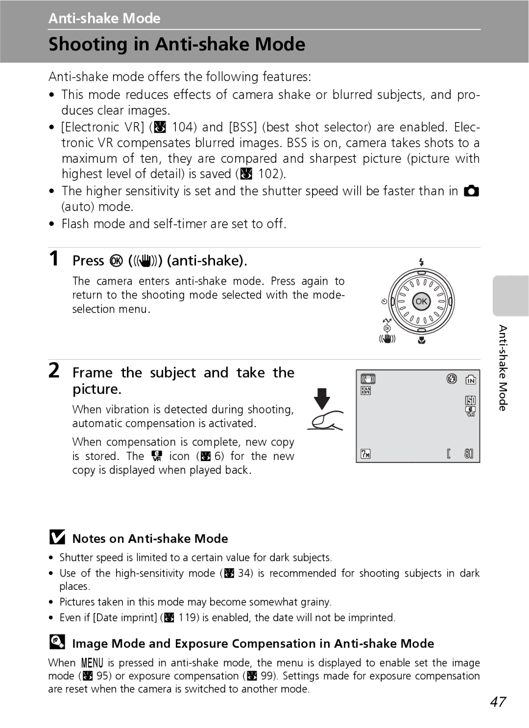 Nikon S7 manual Shooting in Anti-shake Mode, Press d F anti-shake, Image Mode and Exposure Compensation in Anti-shake Mode 