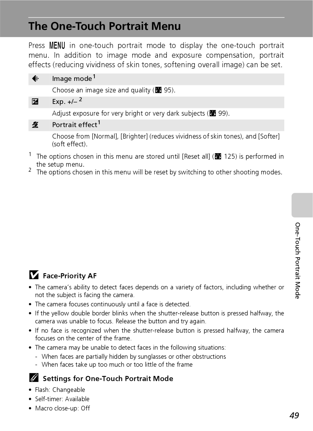 Nikon S7 manual One-Touch Portrait Menu, Face-Priority AF, Settings for One-Touch Portrait Mode 