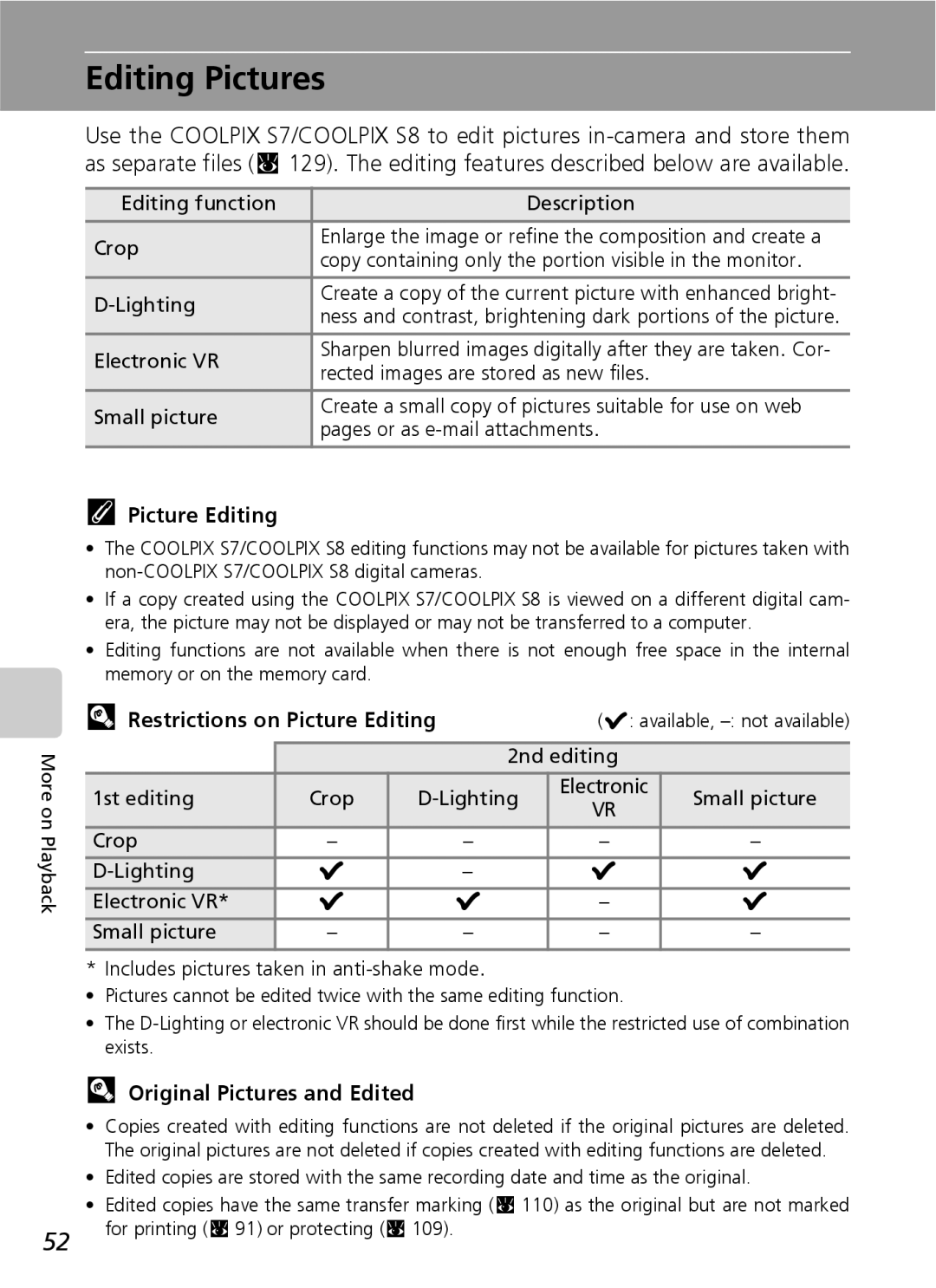 Nikon S7 manual Editing Pictures, Restrictions on Picture Editing, Original Pictures and Edited 