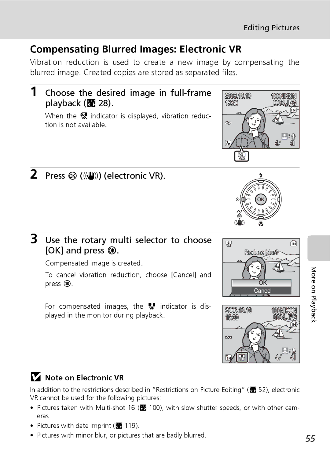 Nikon S7 manual Compensating Blurred Images Electronic VR, Choose the desired image in full-frame playback c 