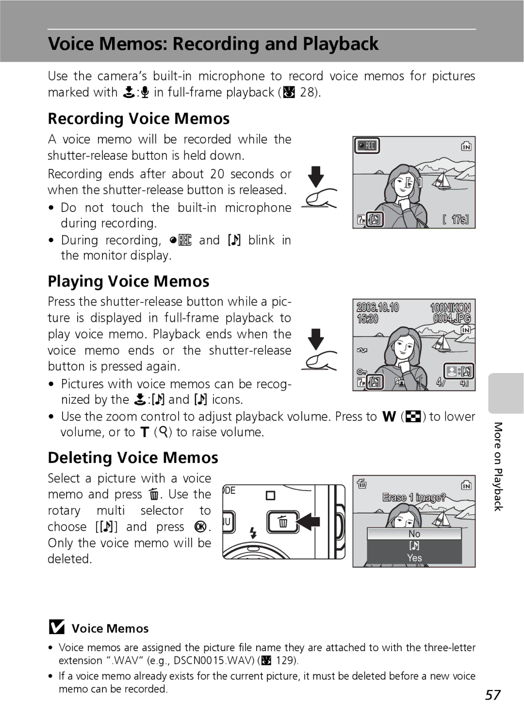 Nikon S7 manual Voice Memos Recording and Playback, Recording Voice Memos, Playing Voice Memos, Deleting Voice Memos 