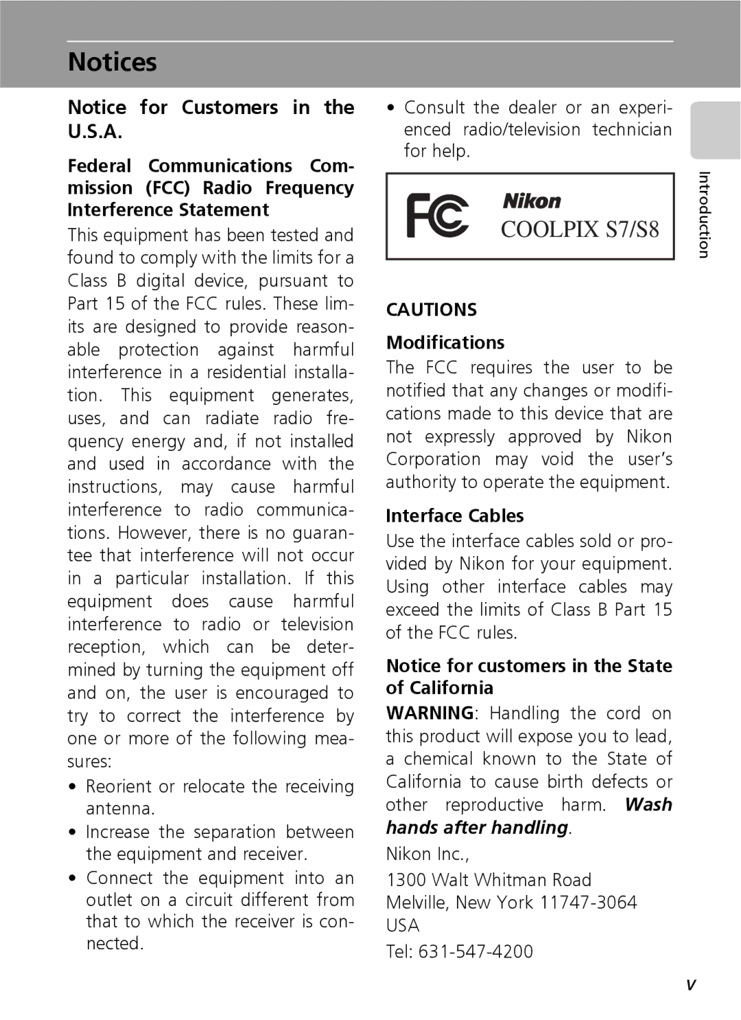 Nikon S7 manual Modifications, Interface Cables, Tel 