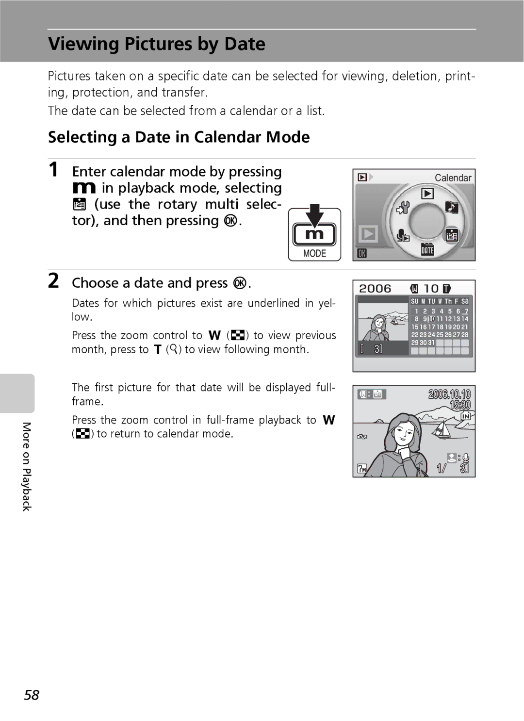 Nikon S7 manual Viewing Pictures by Date, Selecting a Date in Calendar Mode, Choose a date and press d 