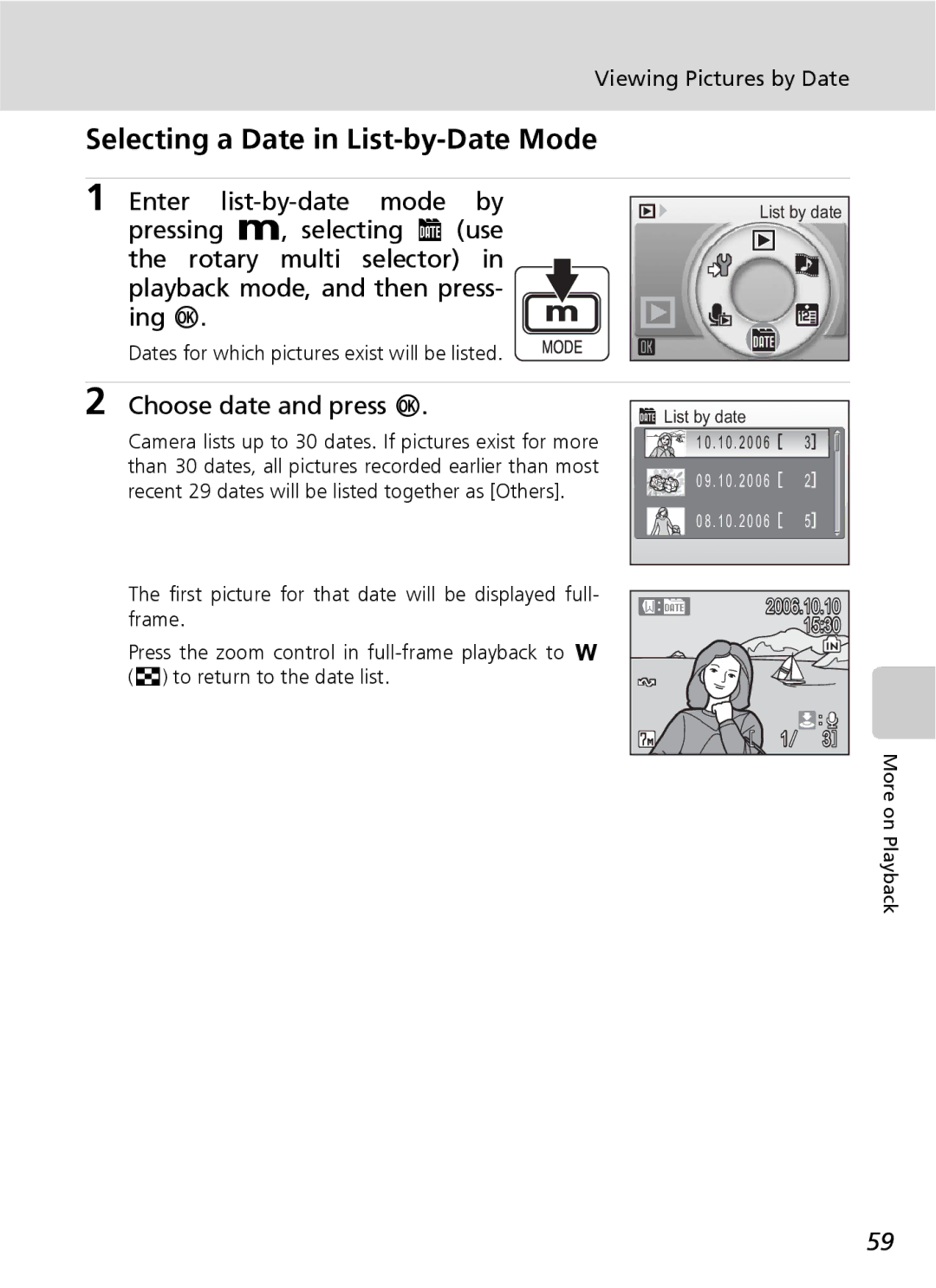 Nikon S7 manual Selecting a Date in List-by-Date Mode, Enter list-by-date mode by, Choose date and press d 