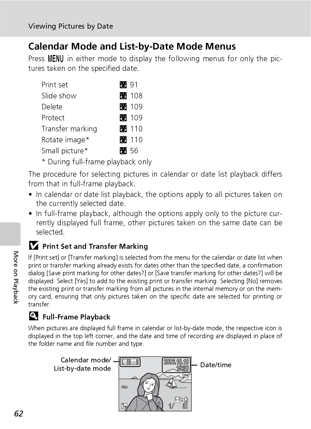 Nikon S7 manual Calendar Mode and List-by-Date Mode Menus, Print Set and Transfer Marking, Full-Frame Playback, Date/time 