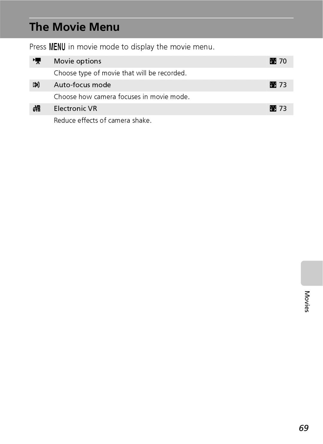 Nikon S7 manual Movie Menu, Press m in movie mode to display the movie menu 