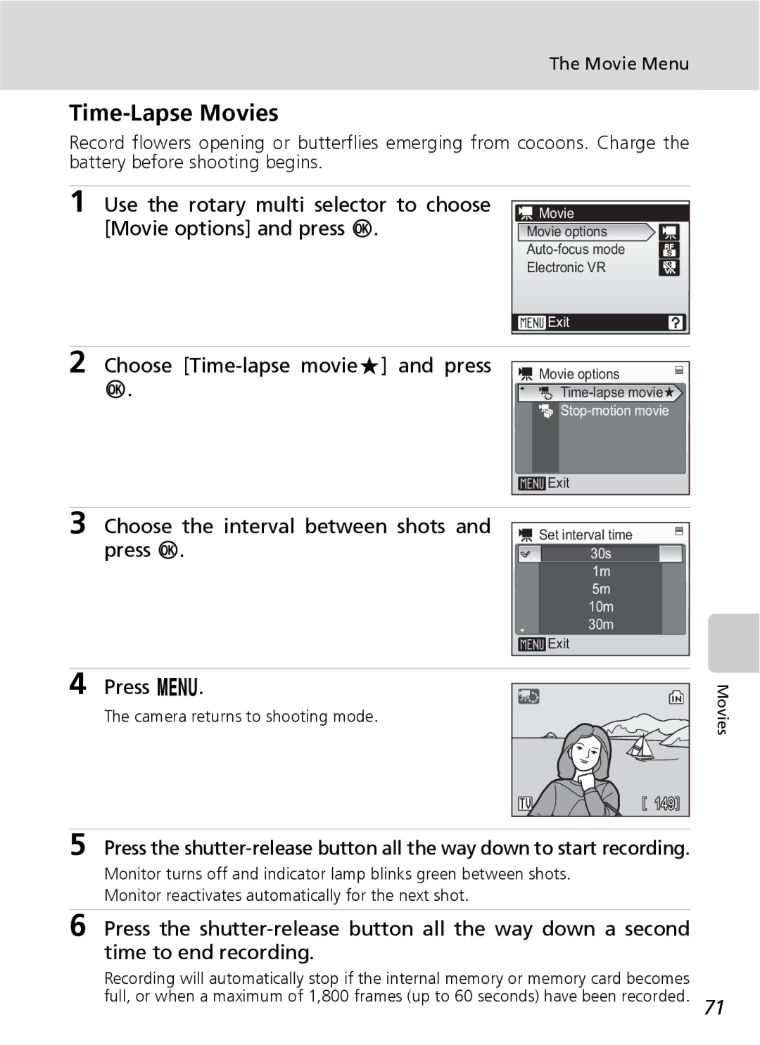 Nikon S7 manual Time-Lapse Movies, Choose Time-lapse movieA and press, Choose the interval between shots 