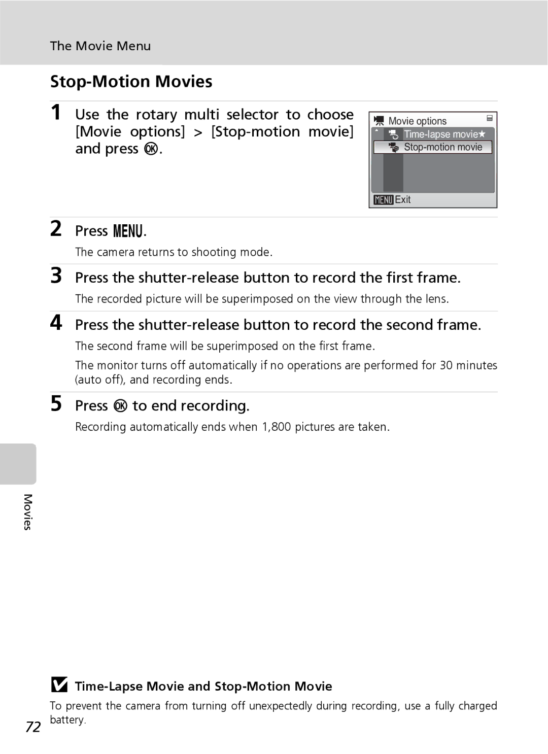 Nikon S7 manual Stop-Motion Movies, Press the shutter-release button to record the second frame, Press d to end recording 