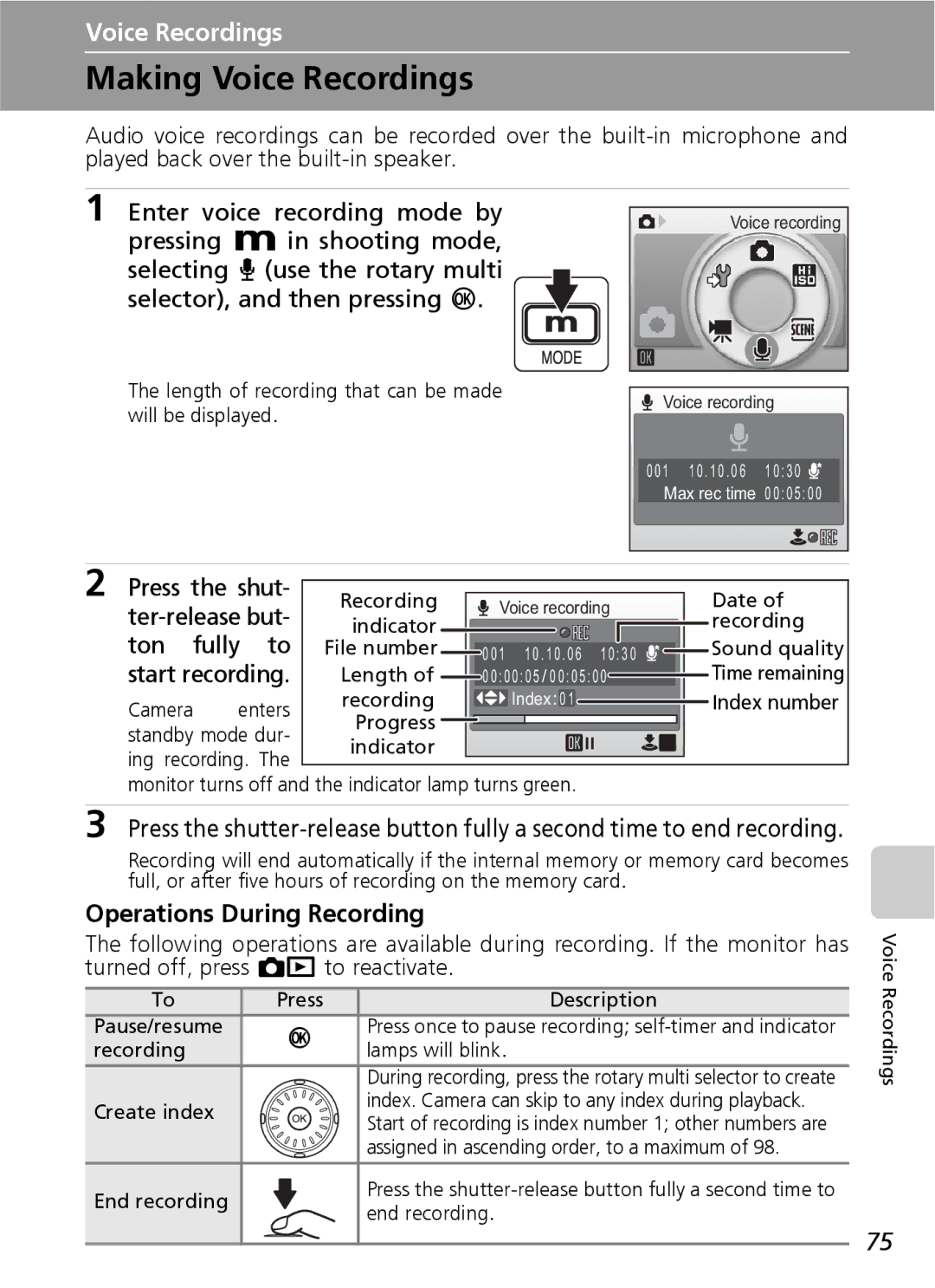 Nikon S7 manual Making Voice Recordings, Operations During Recording 