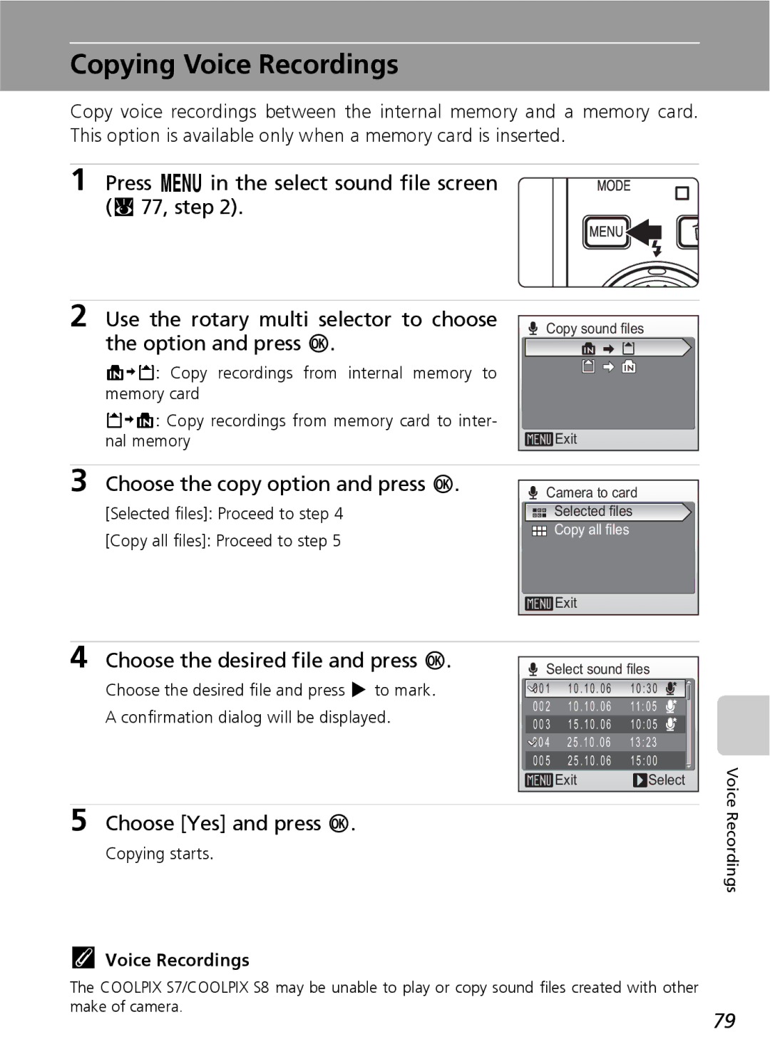 Nikon S7 manual Copying Voice Recordings, Option and press d, Choose the copy option and press d, Copying starts 