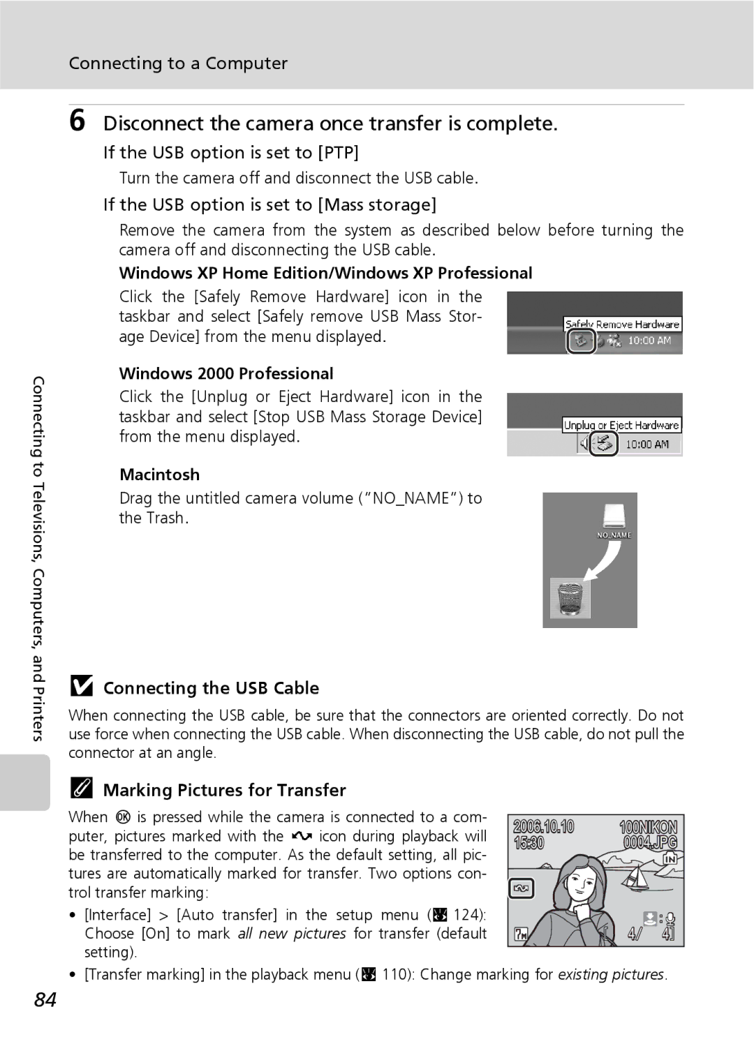 Nikon S7 manual Disconnect the camera once transfer is complete, If the USB option is set to PTP, Connecting the USB Cable 