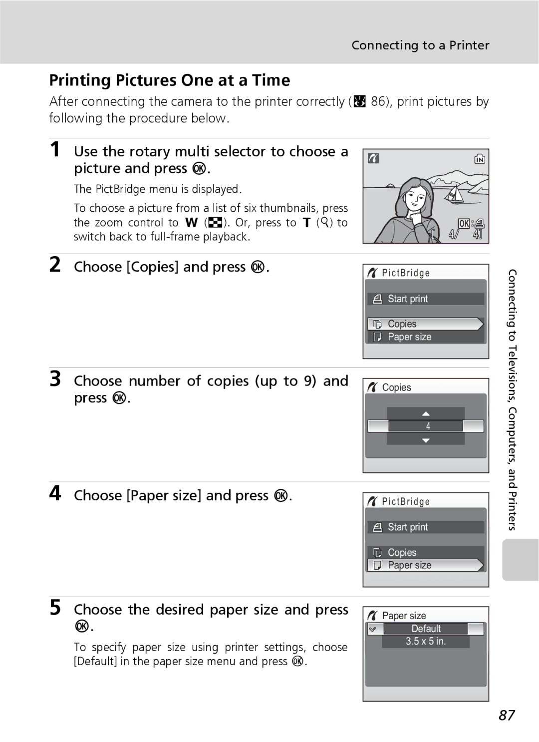 Nikon S7 manual Printing Pictures One at a Time, Choose Copies and press d, Choose number of copies up to 9 and press d 