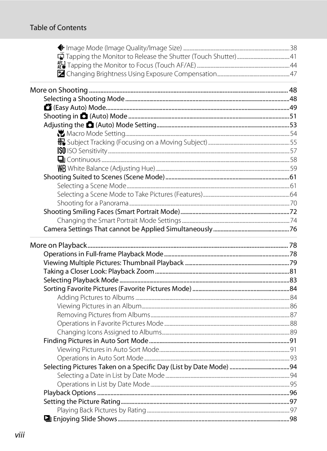 Nikon COOLPIXS80BK, COOLPIXS80BLUE, COOLPIXS80RD, COOLPIXS80SIL user manual Viii, Table of Contents 