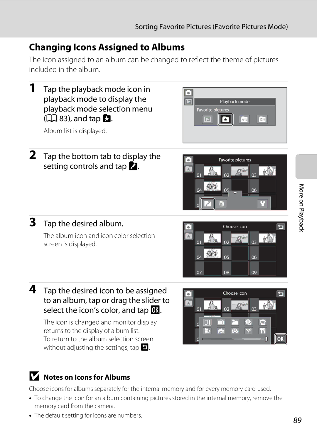 Nikon COOLPIXS80BK Changing Icons Assigned to Albums, Tap the desired icon to be assigned, Album list is displayed 