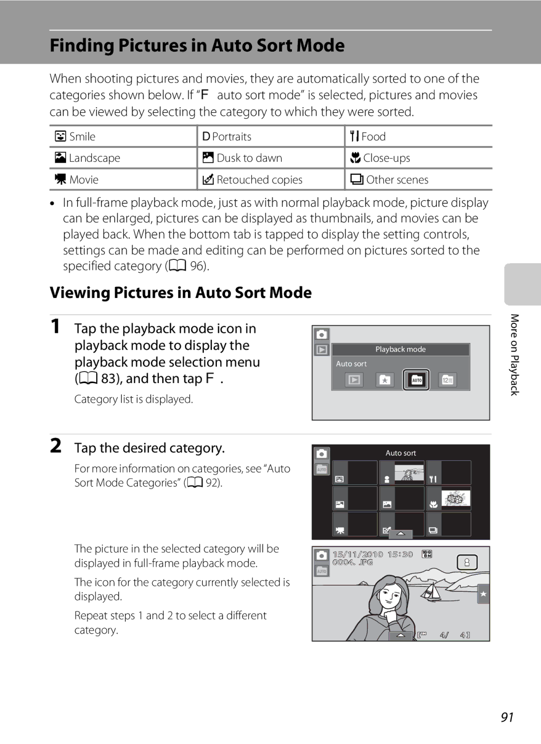 Nikon COOLPIXS80RD Finding Pictures in Auto Sort Mode, Viewing Pictures in Auto Sort Mode, Tap the desired category 