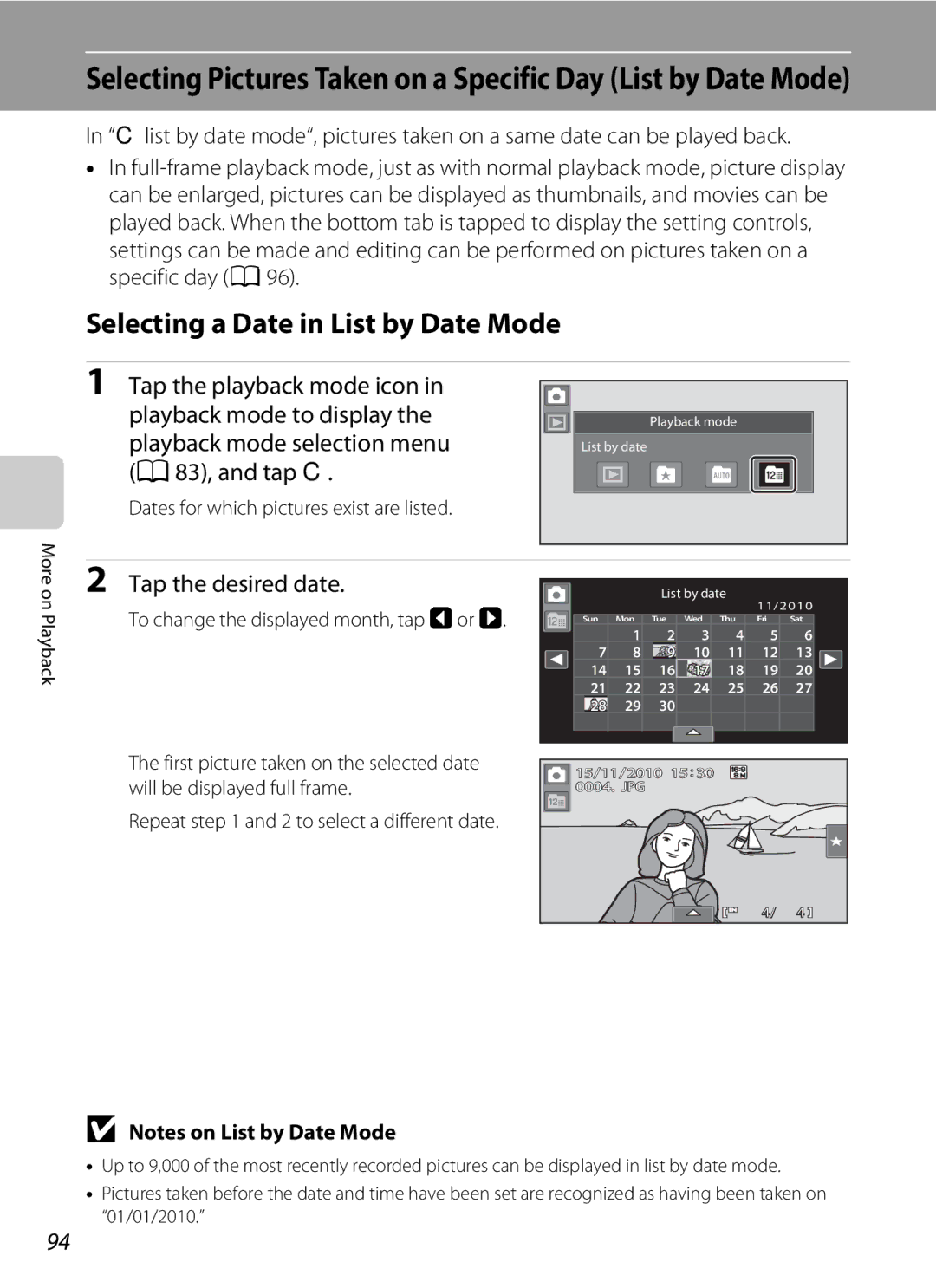 Nikon COOLPIXS80BK, COOLPIXS80BLUE Selecting a Date in List by Date Mode, Playback mode selection menu A83, and tap C 