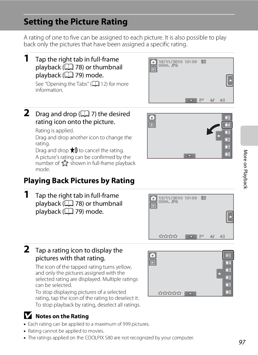 Nikon COOLPIXS80SIL Setting the Picture Rating, Playing Back Pictures by Rating, Tap the right tab in full-frame 