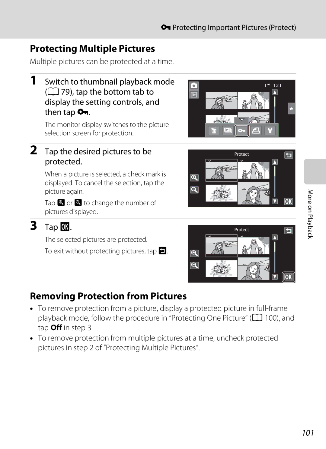 Nikon COOLPIXS80RD Protecting Multiple Pictures, Removing Protection from Pictures, Tap the desired pictures to be, 101 