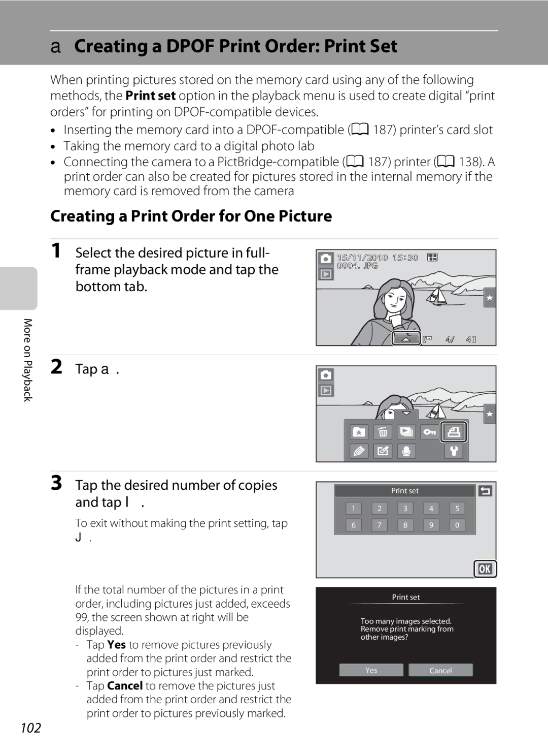 Nikon COOLPIXS80SIL, COOLPIXS80BK ACreating a Dpof Print Order Print Set, Creating a Print Order for One Picture, 102 