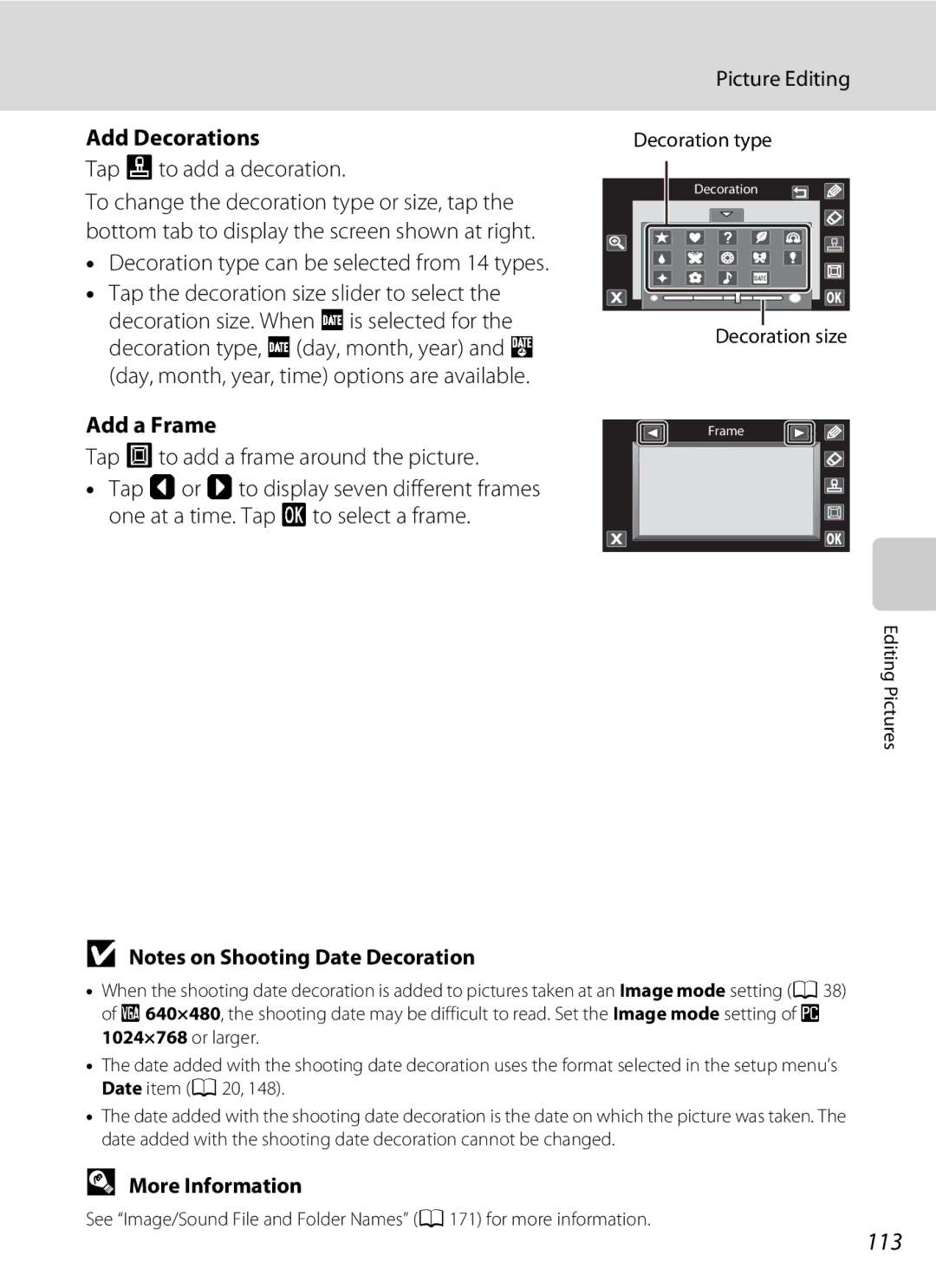 Nikon S80 113, Add Decorations, Tap Kto add a decoration, Decoration type can be selected from 14 types, Add a Frame 