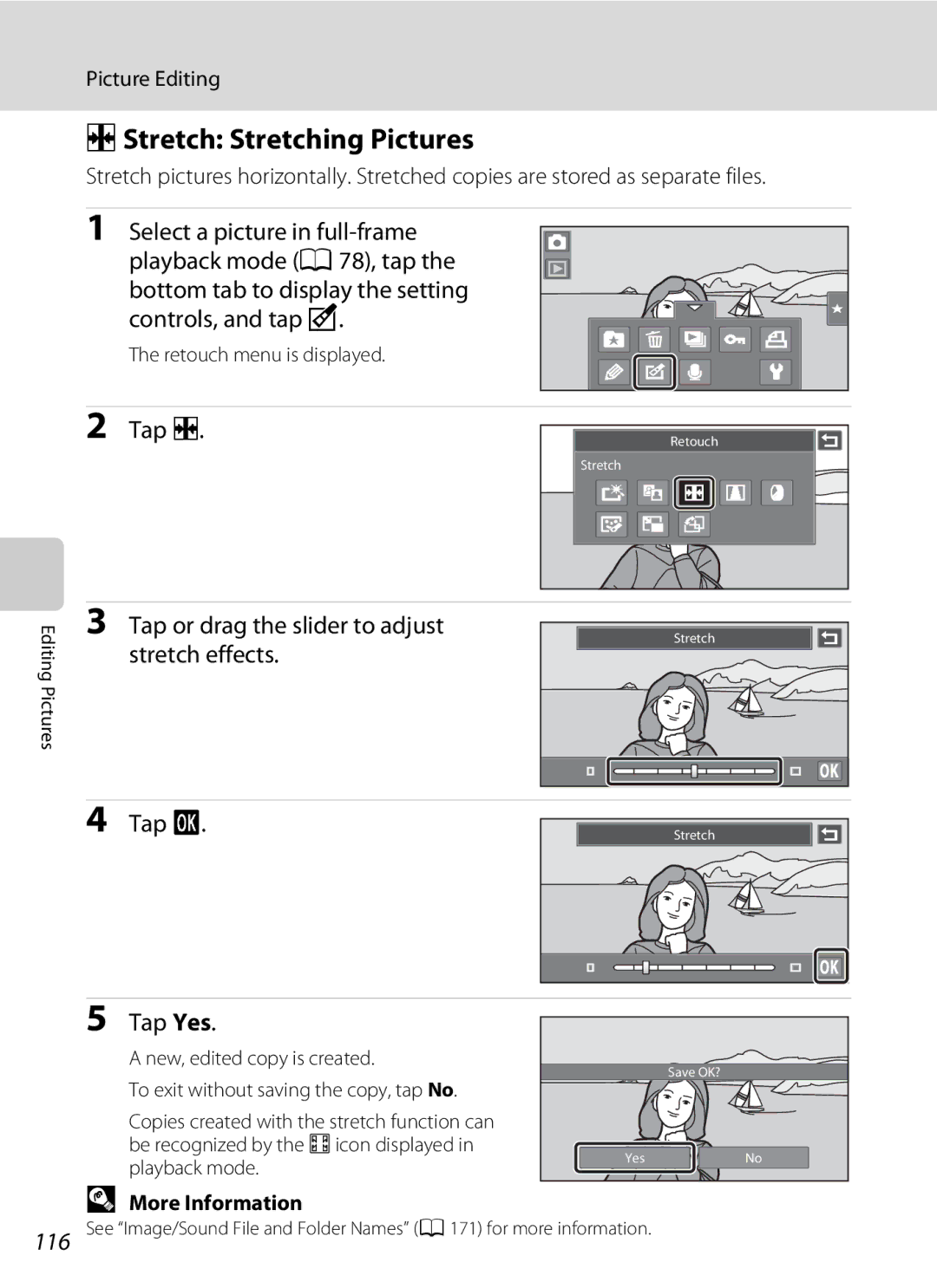 Nikon COOLPIXS80RD user manual PStretch Stretching Pictures, Tap P, Tap or drag the slider to adjust, Stretch effects Tap 