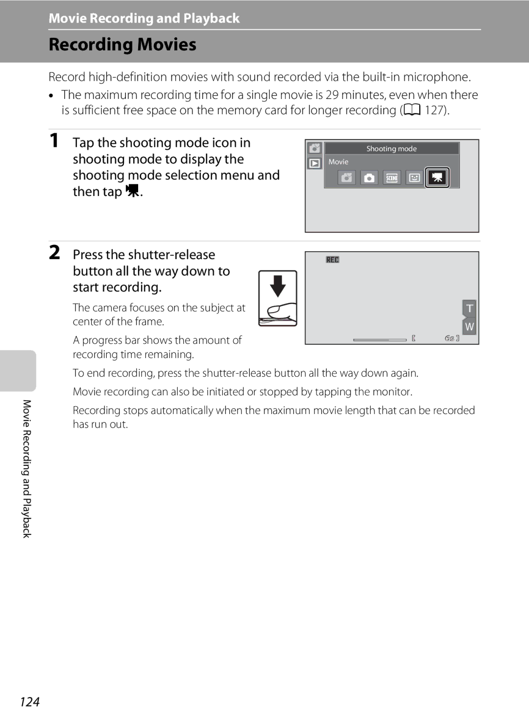 Nikon COOLPIXS80BK, COOLPIXS80BLUE, COOLPIXS80RD Recording Movies, Shooting mode selection menu and then tap D, 124 