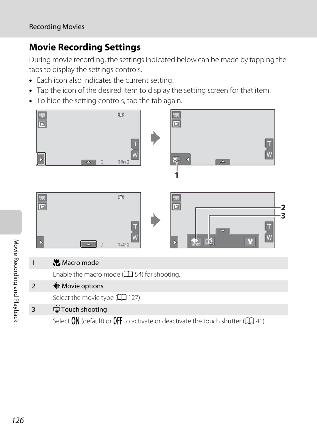 Nikon COOLPIXS80RD, COOLPIXS80BK, COOLPIXS80BLUE, COOLPIXS80SIL user manual Movie Recording Settings, 126 