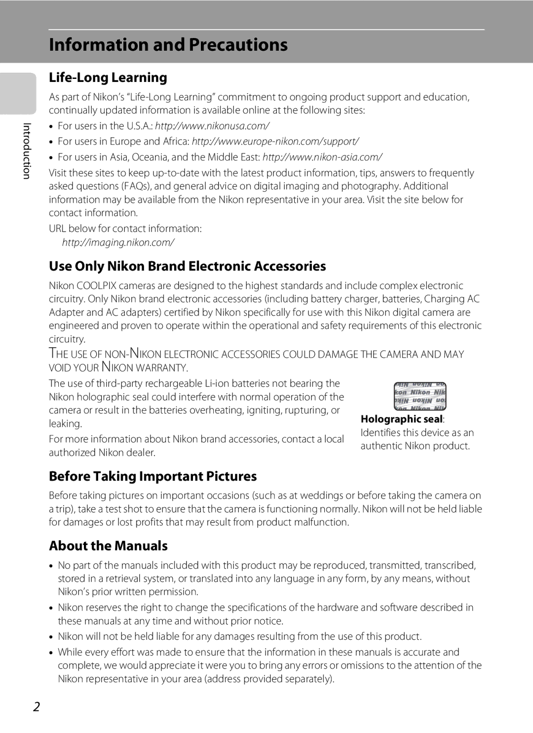 Nikon COOLPIXS80SIL Information and Precautions, Life-Long Learning, Use Only Nikon Brand Electronic Accessories 