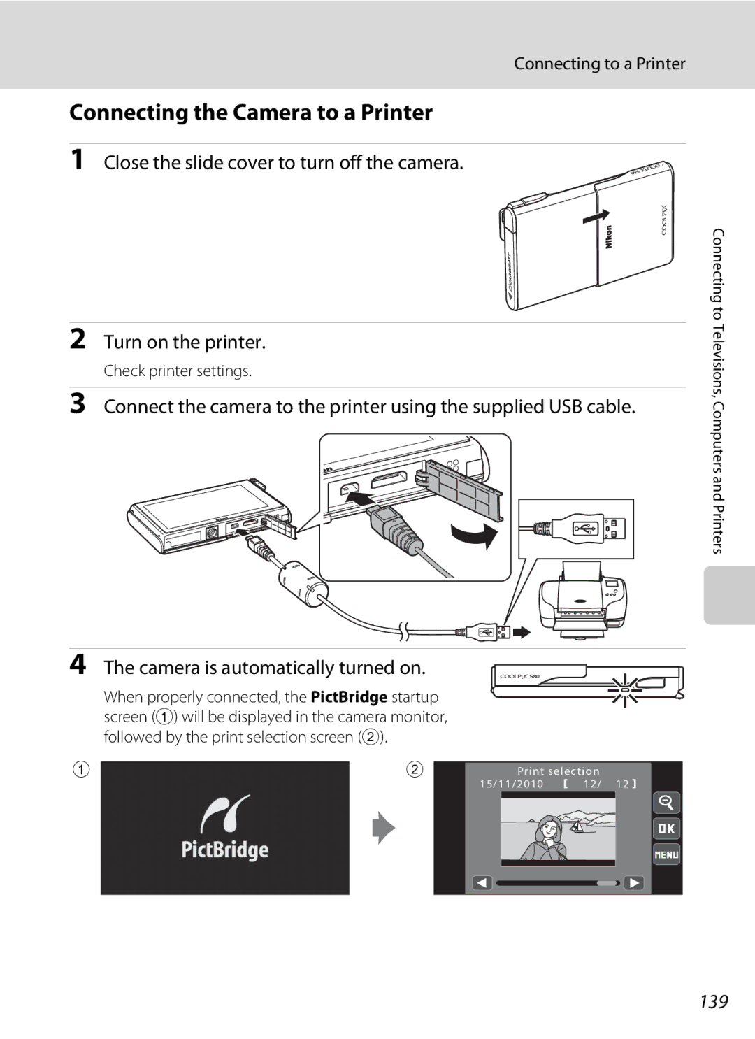 Nikon COOLPIXS80BK, COOLPIXS80RD Connecting the Camera to a Printer, 139, Connecting to a Printer, Check printer settings 