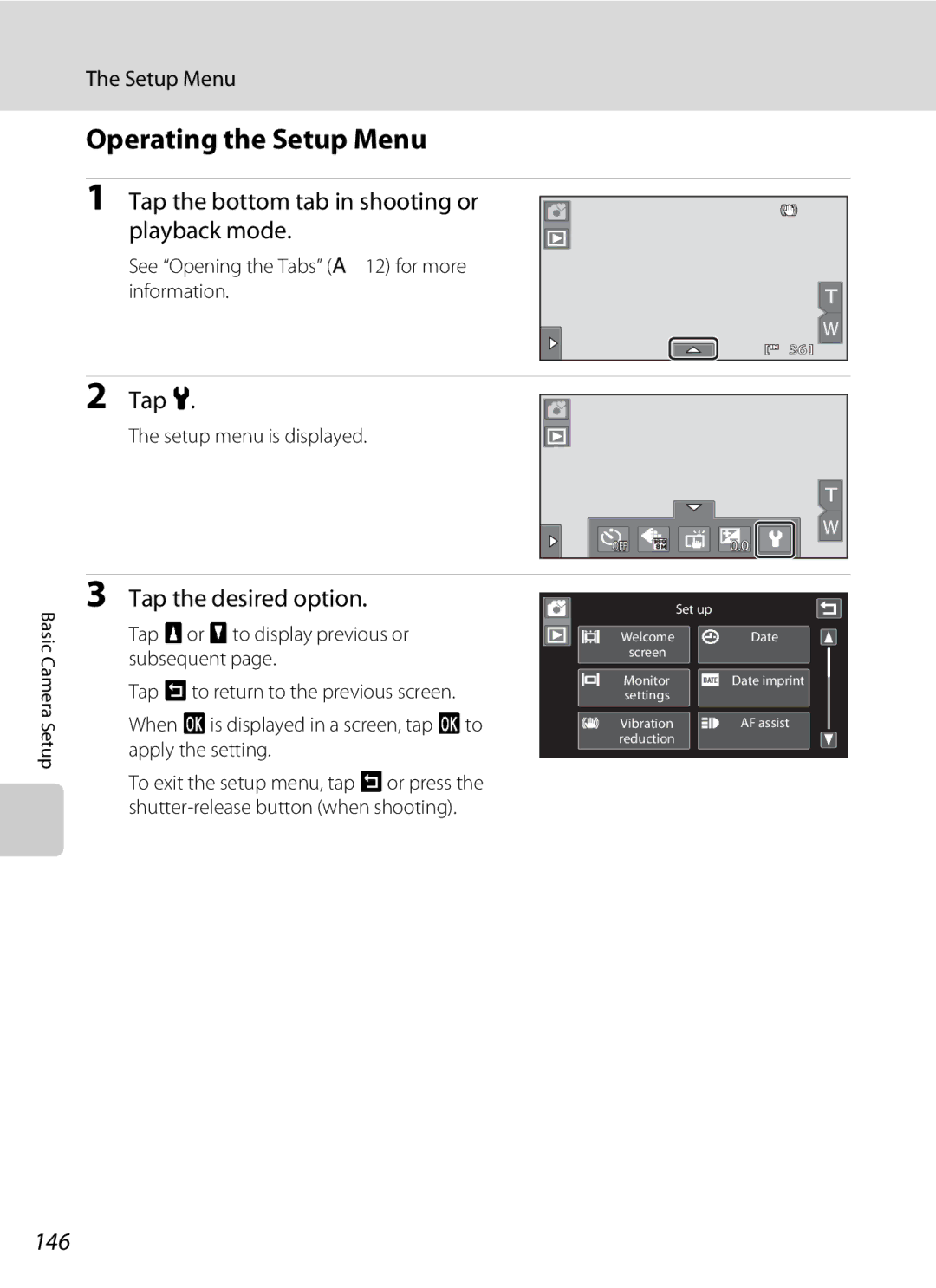 Nikon COOLPIXS80RD, COOLPIXS80BK Operating the Setup Menu, Tap the bottom tab in shooting or playback mode, Tap z, 146 