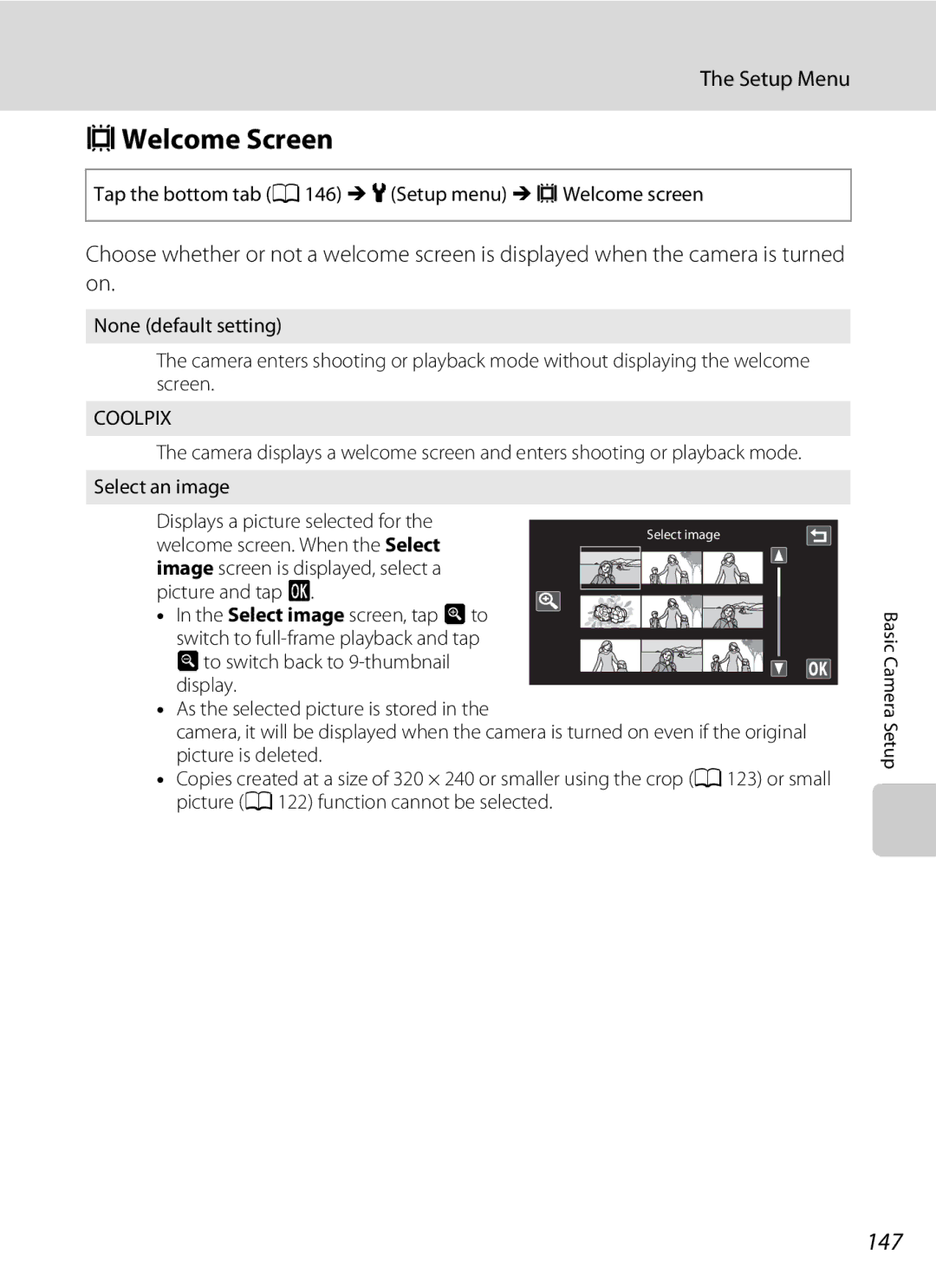 Nikon COOLPIXS80SIL CWelcome Screen, 147, Tap the bottom tab a 146 Mz Setup menu McWelcome screen, Select an image 